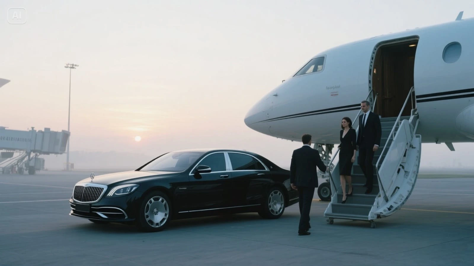 A sleek black Mercedes-Benz S-450 parked near a private jet at an exclusive FBO terminal in Istanbul. A professional chauffeur in a suit holds the door open for a VIP passenger. The private jet sits on the tarmac with a modern airport terminal in the background. The image is in a sophisticated black-and-white style, highlighting luxury, contrast, and exclusivity with polished surfaces reflecting light.